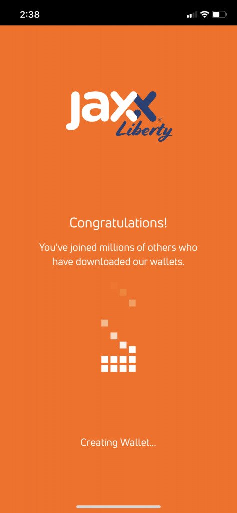 Jaxx Liberty Congratulating a User for Downloading their Wallet