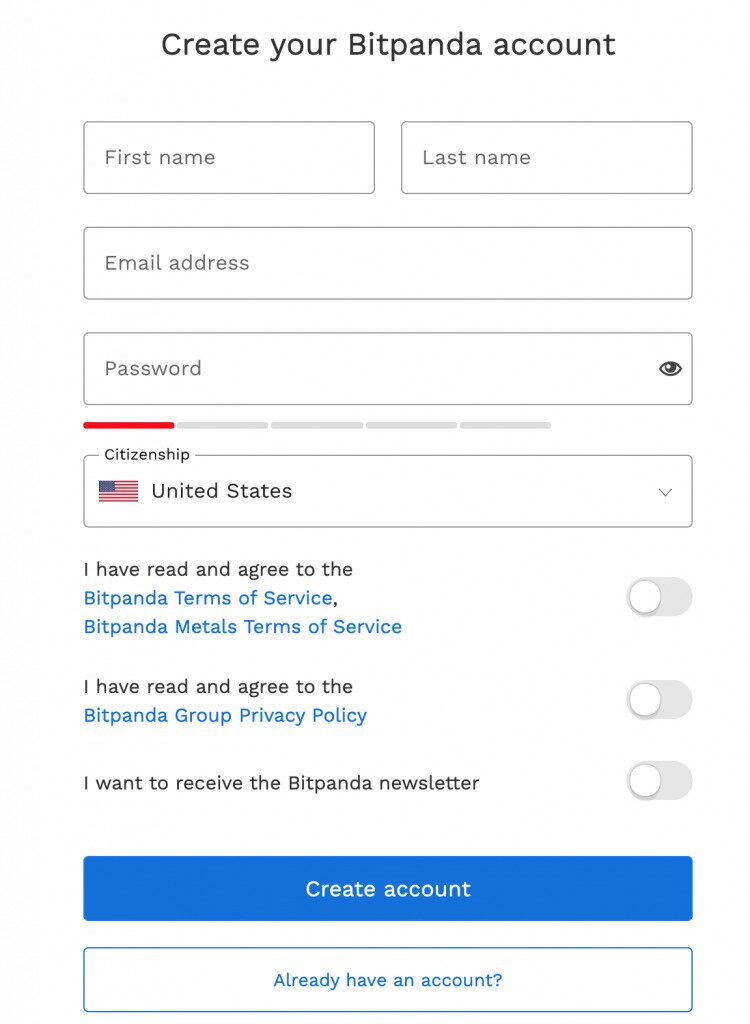 BitPanda Exchange Sign Up Form