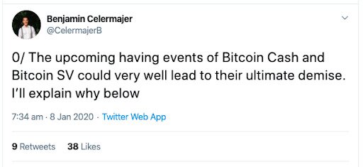 Tweet about Bitcoin Cash and Bitcoin SV halving