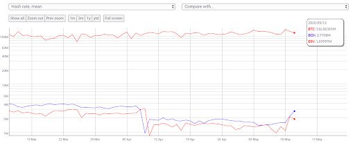 A chart that shows Bitcoin Cash and Bitcoin SV hashrate after their respective halving events.