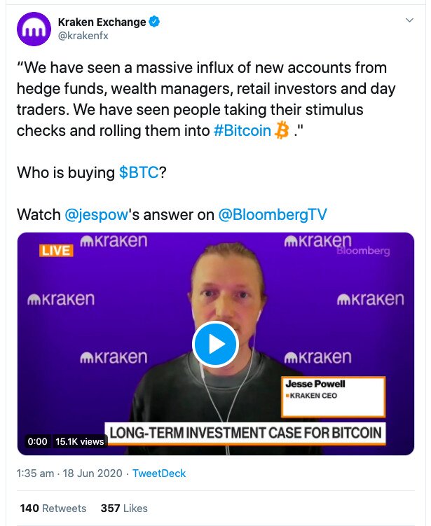 Kraken CEO Jesse Powell believes there has been massive influx of institutional investment in Bitcoin.