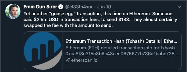 Emin Gun Sirer Tweets about goose egg ethereum transactions.