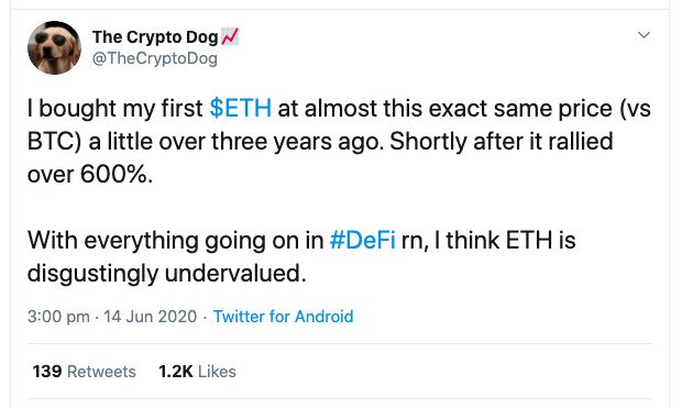 Popular Twitter account CryptoDog chimes in on Ethereum value.