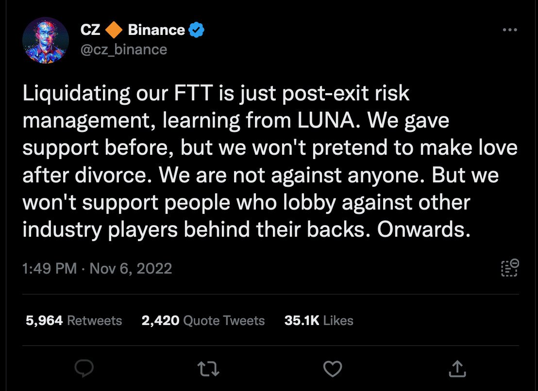 CZ tweet liquidating FTT - 1