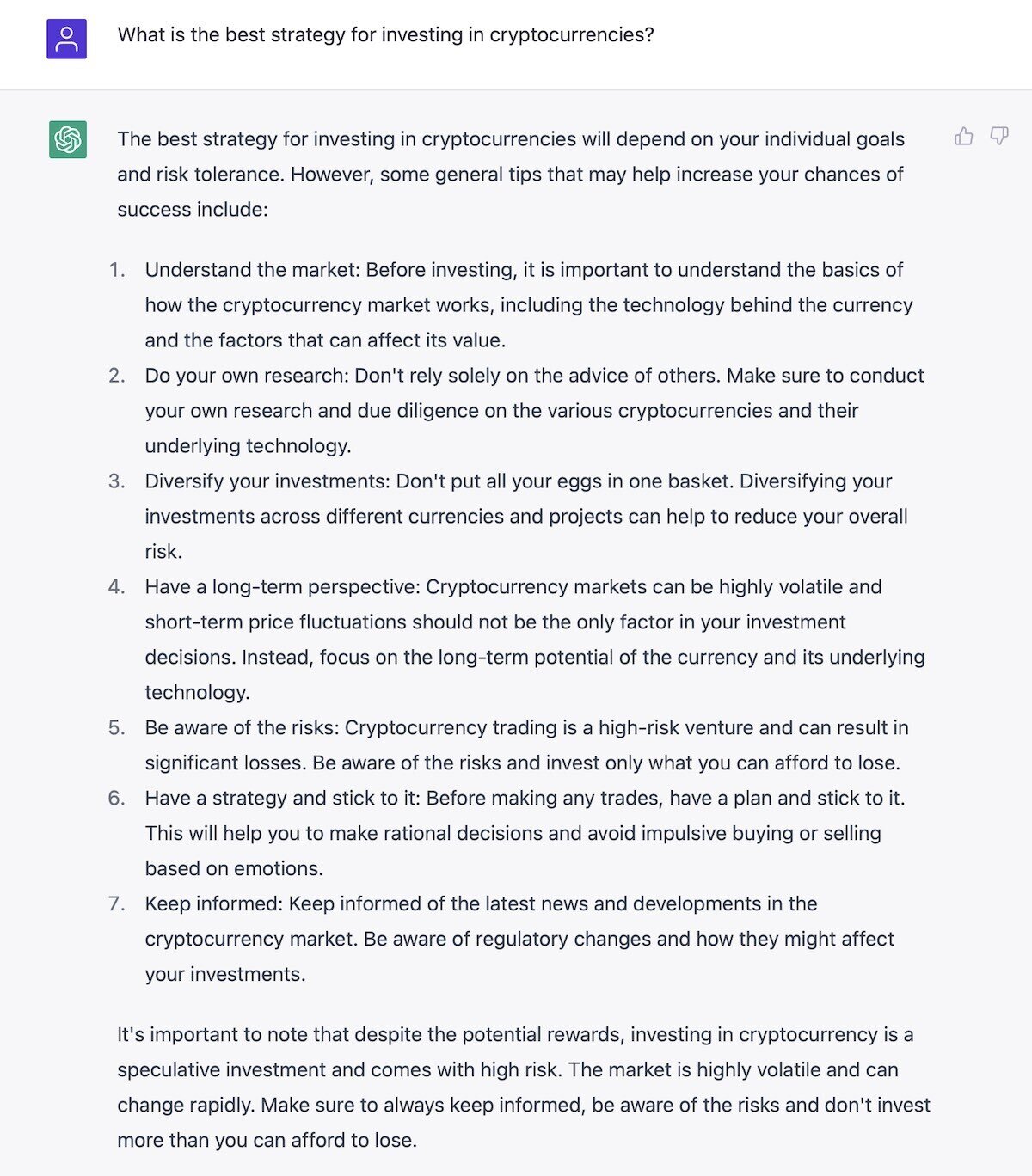 Another ChatGPT response to crypto trading question.