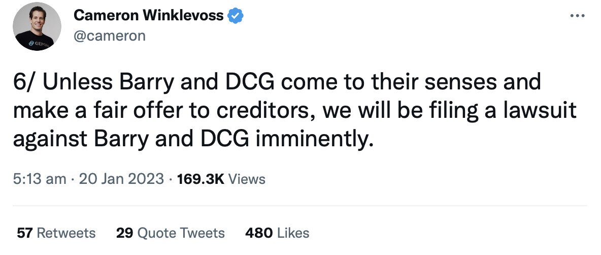 Cameron Winklevoss tweet on Genesis bankruptcy and potential DCG suit.