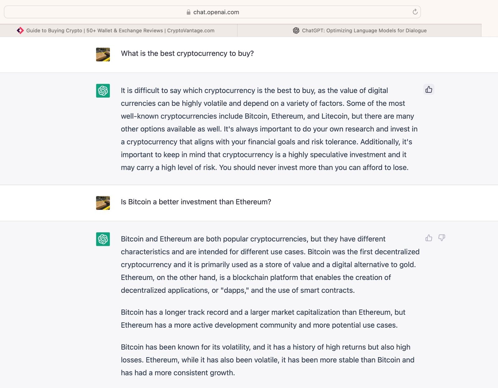 ChatGPT answer on trading crypto.