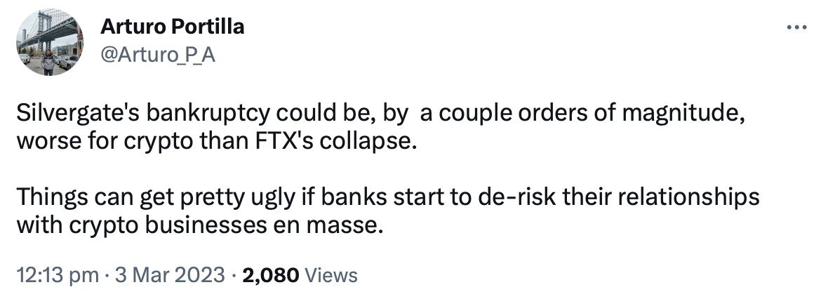 Portilla tweet on Silvergate bankruptcy and crypto banking.