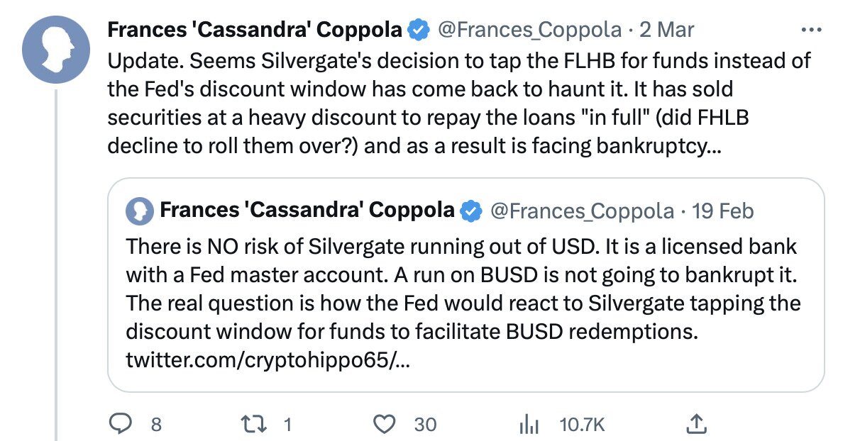Silvergate Bank bankruptcy tweet.